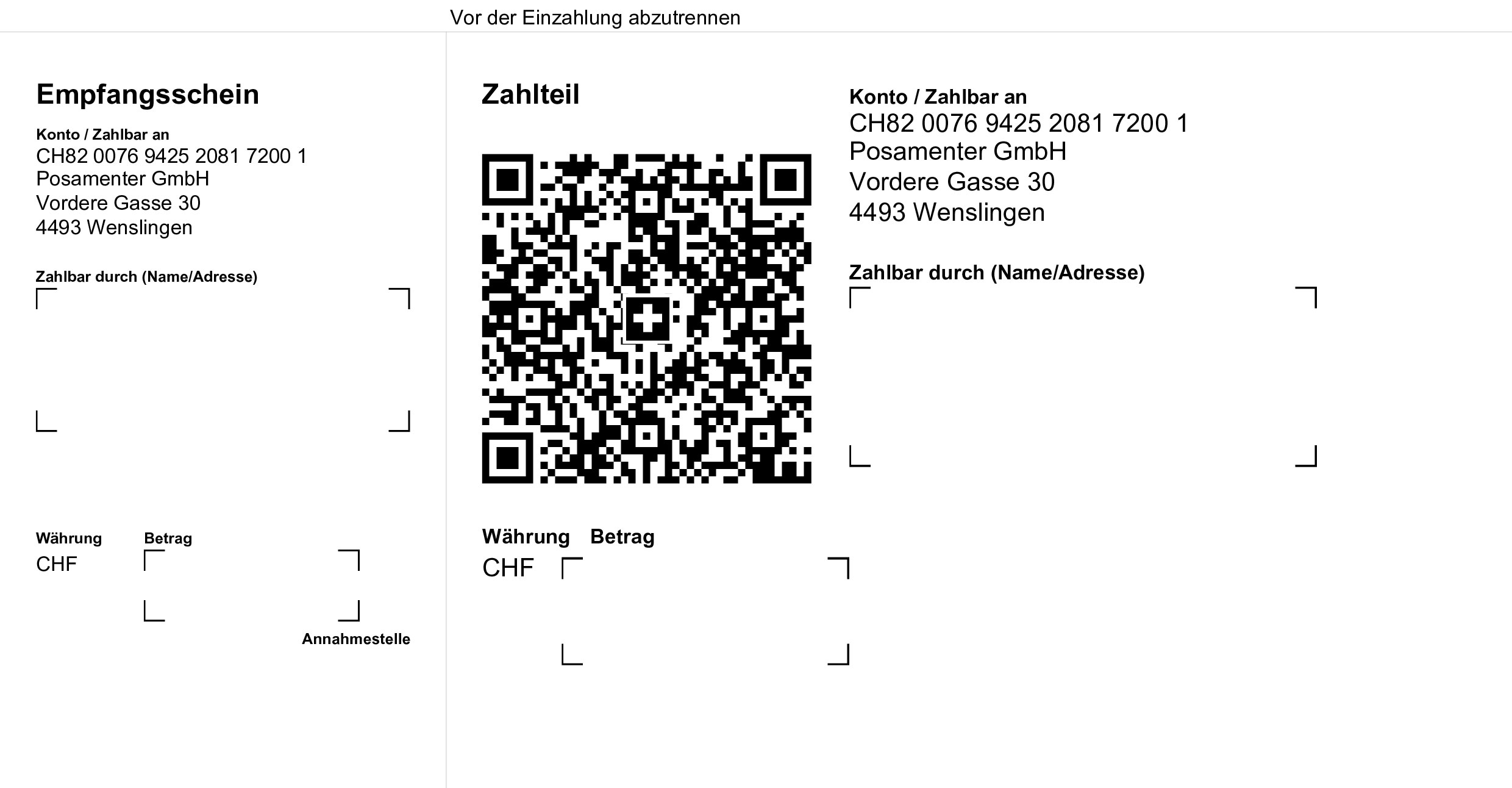 QR Einzahlungsschein Posamenter GmbH CH8200769425208172001